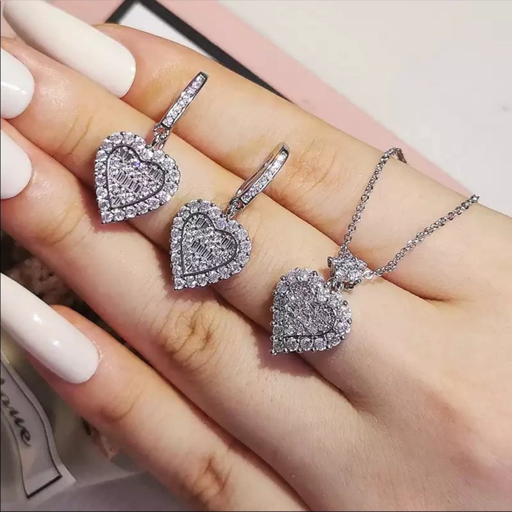 New 2pcs Set 925 Silver Heart Bride Diamond Stud  Earrings Necklace New